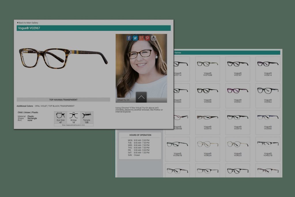 screenshots of database and woman trying on frames virtually